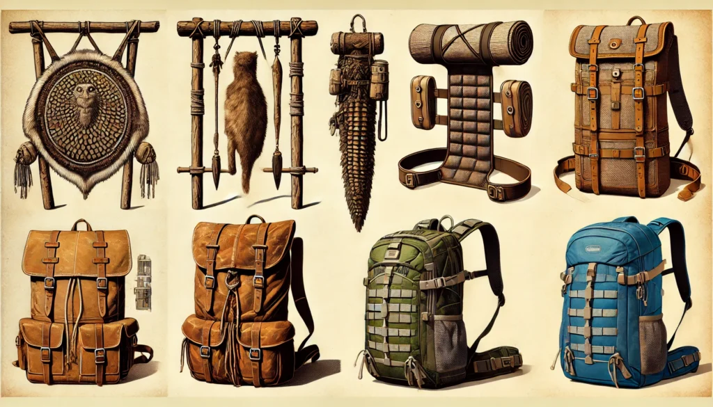 Collage de la Evolucion de las Mochilas Collage que muestra la evolución de las mochilas desde tiempos antiguos hasta la era moderna