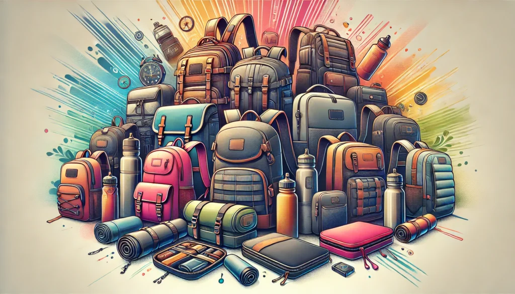 Imagen estilizada y detallada que muestra una variedad de mochilas y accesorios en diferentes colores y diseños, incluyendo mochilas deportivas, de viaje, urbanas y escolares, junto con organizadores, protectores de lluvia y botellas de agua, sobre un fondo vibrante y atractivo.