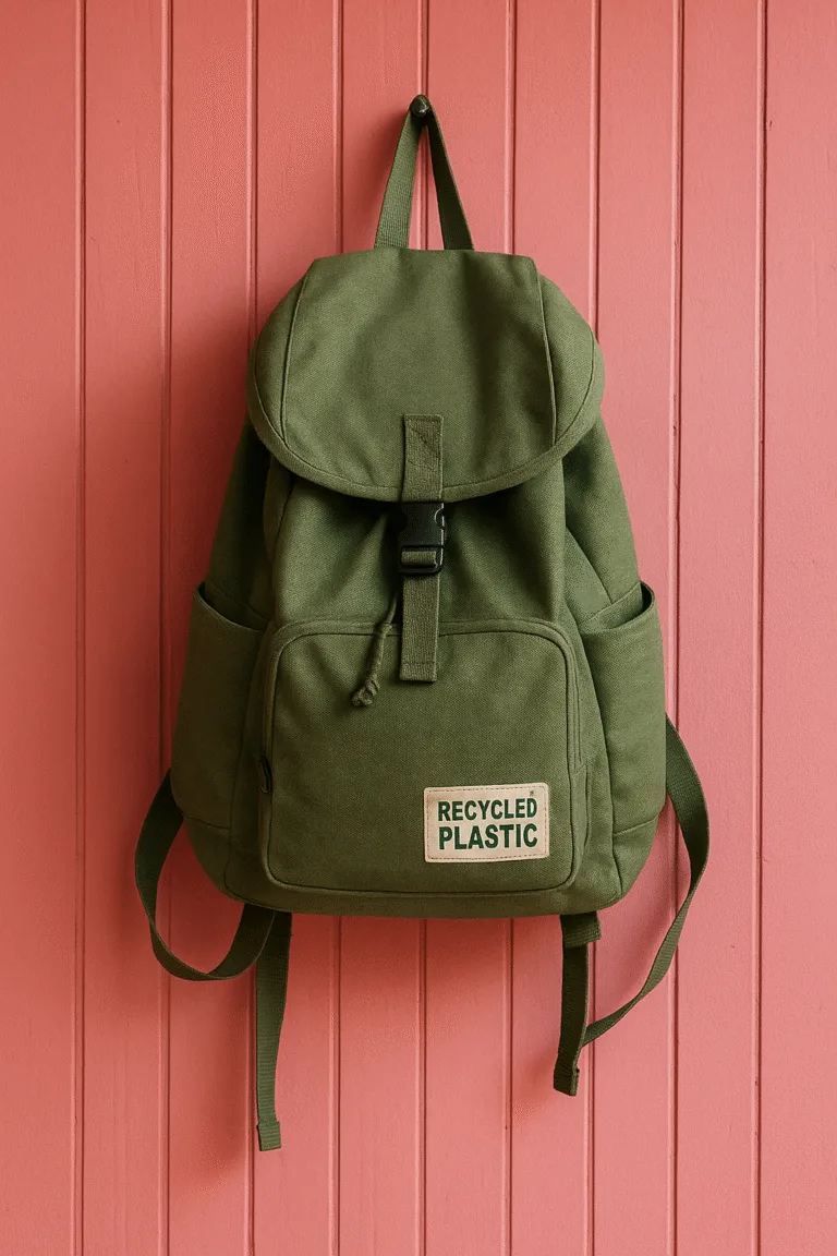 mochila verde hecha con plástico reciclado colgada de pared rosa