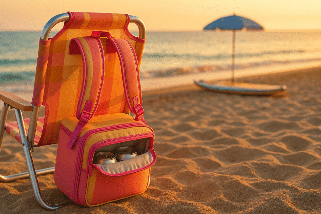 silla playa mochila verano 2025 Silla playa mochila plegada en la arena al atardecer